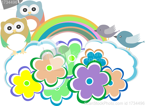 Image of Background with owl, birds and cloud