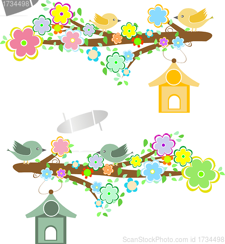 Image of Family of birds sitting on a branch with birdhouses