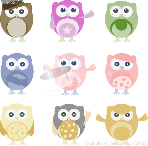 Image of Set of nine cartoon owls with various emotions