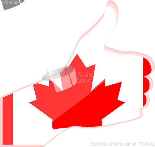 Image of Hand with thumb up gesture in colored canada national flag