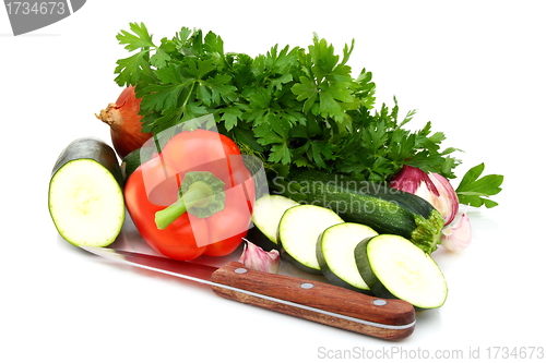 Image of Fresh vegetables, parsley and knife. 
