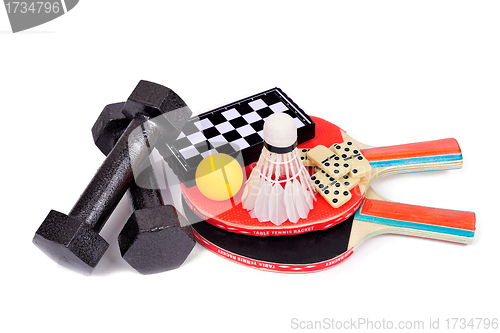 Image of Tennis, badminton, dominoes, chess, dumbbells