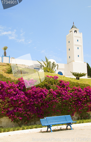 Image of Tunisia Africa Sidi Bou Said mosque with flower garden