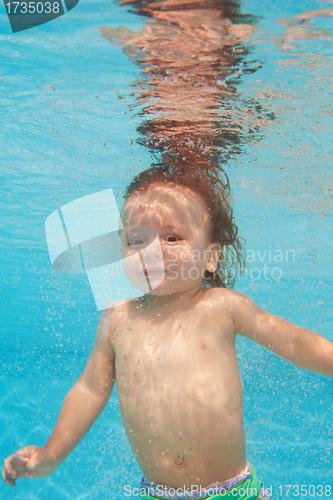 Image of Happy toddler kid diving under water