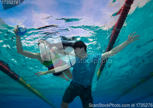 Image of Couple swimming in the pool and laughing