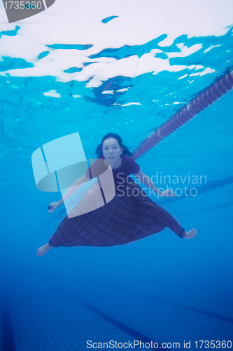 Image of Woman swimming in the pool in  clothes