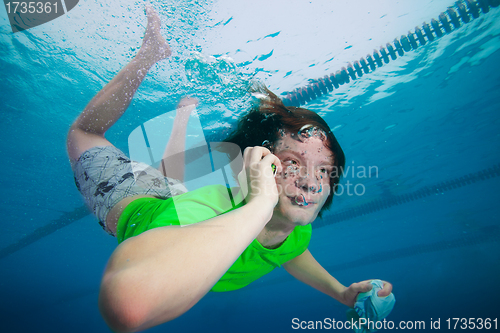 Image of Man speaking on the cell phone underwater