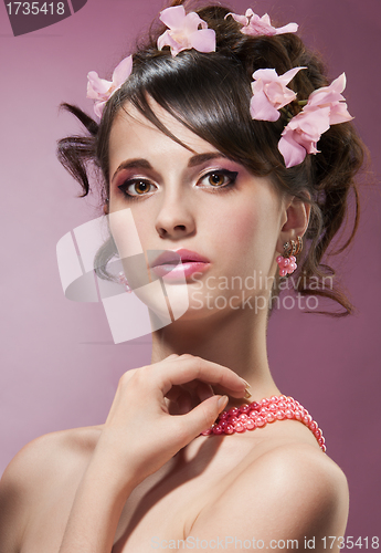 Image of Beauty shoot of woman with flowers in hair