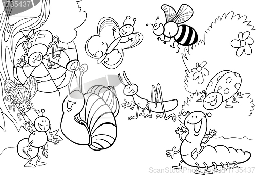 Image of cartoon insects on the meadow for coloring