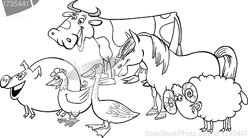 Image of Group of cartoon farm animals for coloring