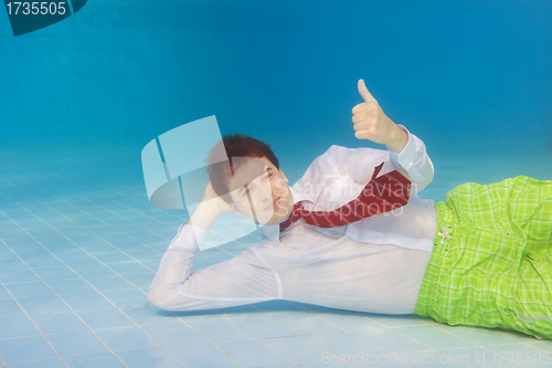 Image of businessman underwater with thumbs up