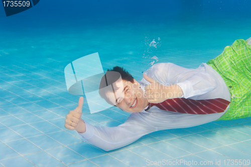 Image of Happy businessman underwater