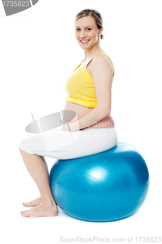 Image of Pregnant woman sitting on gymnastic ball