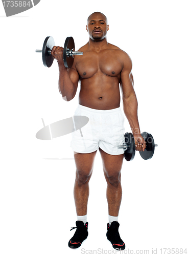 Image of Muscular man exercising with dumbbells