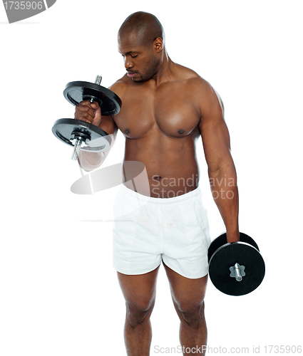 Image of Young african man doing biceps exercise