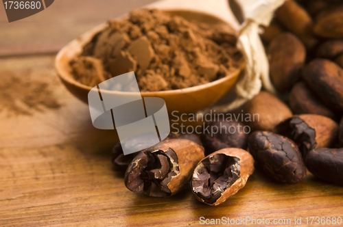 Image of Cocoa (cacao) beans on natural wooden table