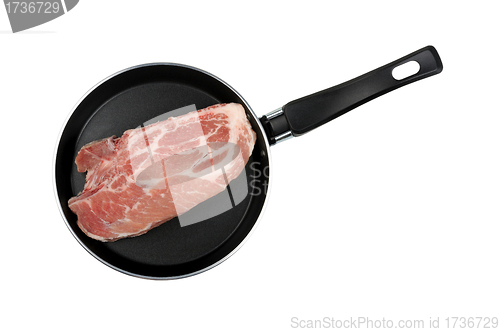Image of piece of raw meat in a frying pan