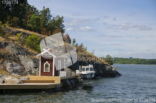 Image of Swedish red cottage on a small island