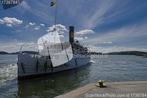 Image of Old tourist ship Storskär approaching Vaxholm harbour