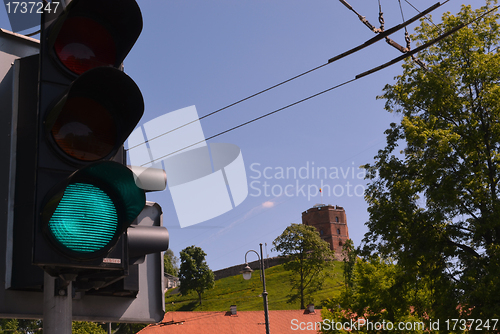 Image of Green traffic light for tourist. Gediminas castle 