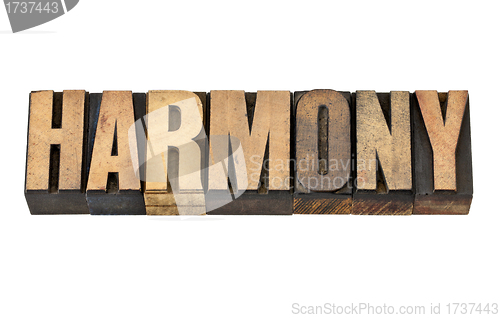 Image of harmony word in wood type