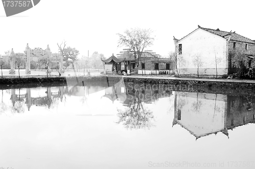 Image of Chinese ancient village in black-and-white