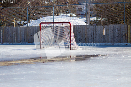 Image of Ice hockey net on melting ice