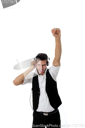 Image of Exuberant young man listening to music