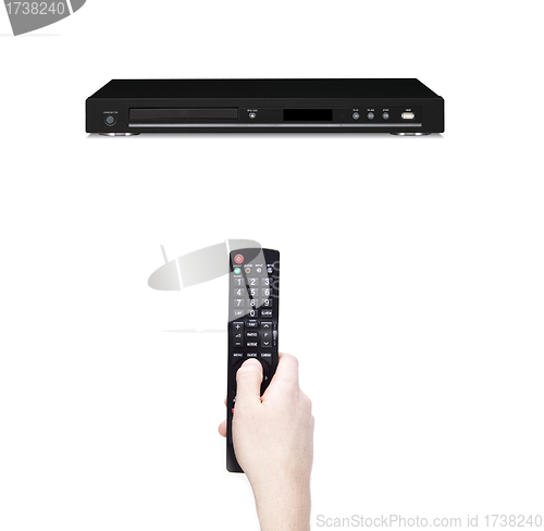 Image of Remote control in the hand against dvd