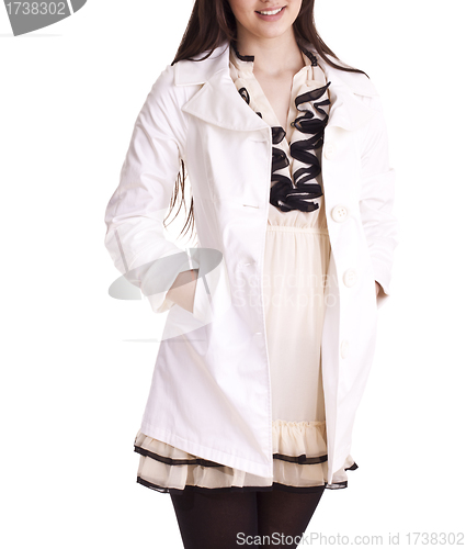 Image of Beautiful fashion model posing in white coat