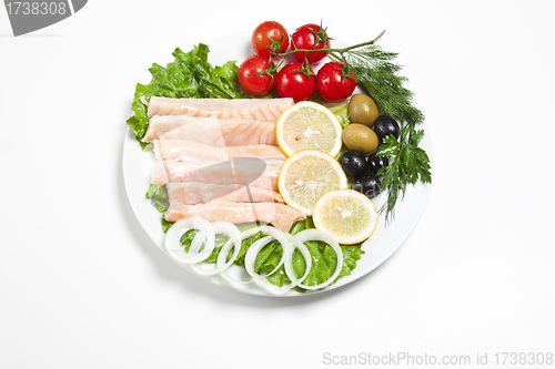 Image of raw red fish on white plate