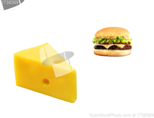 Image of tasty cheeseburger and slice cheese