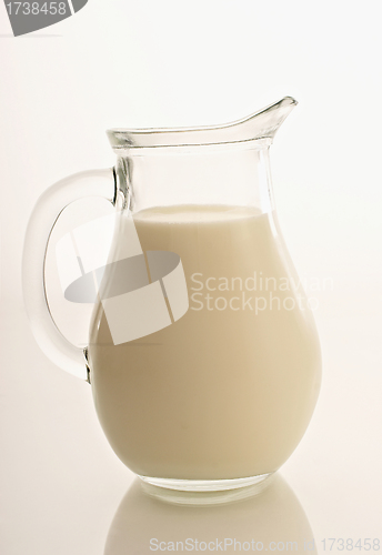 Image of Glass jug with milk on white