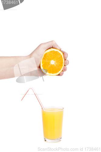 Image of hand pour orange juice from orange