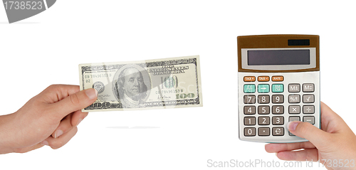 Image of Calculator and hand with 100 dollars