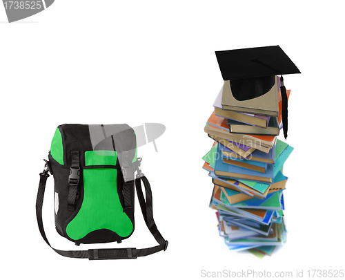 Image of Student hat on books and bag