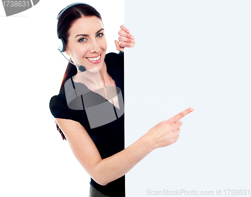 Image of Customer service woman with blank billboard sign banner