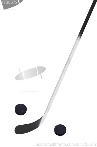 Image of Hockey stick and two pucks