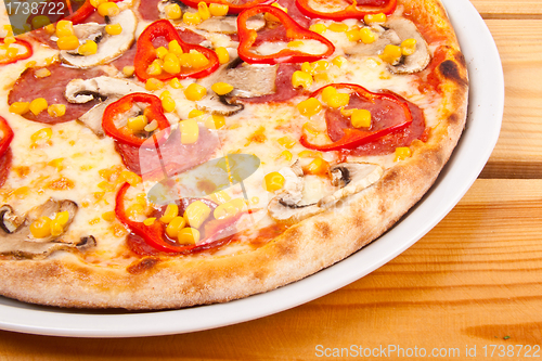 Image of A Pepperoni pizza with corn