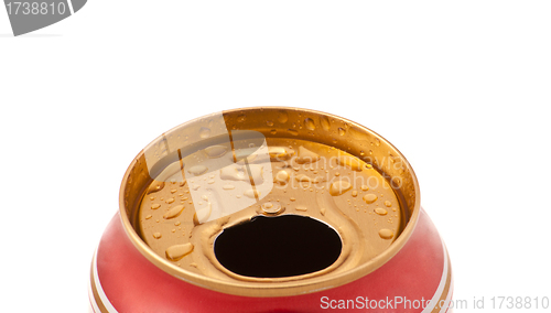 Image of Red aluminum can closeup with water drops