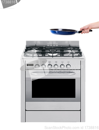 Image of Hand and frying pan with gas-stove