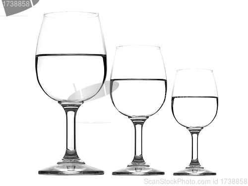 Image of Three wine glasses with water.