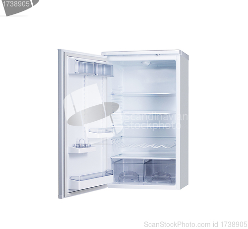 Image of open single door fridge isolated on white