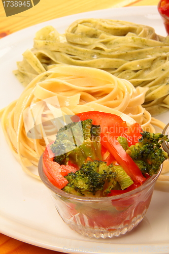 Image of two italian tagliatelles and tomato with broccoli condiment
