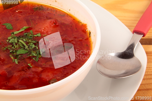 Image of Borscht soup in traditional cuisine of Ukraine, Eastern Europe