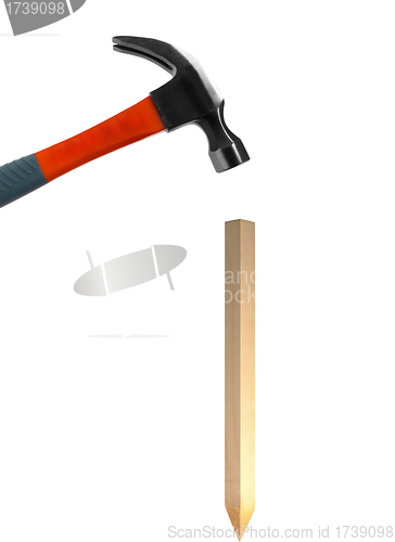 Image of one hammer hits nail on white background