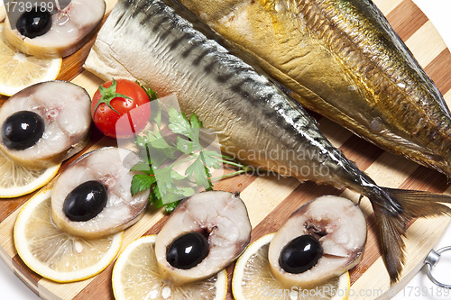 Image of Dish with the cut smoked mackerel background