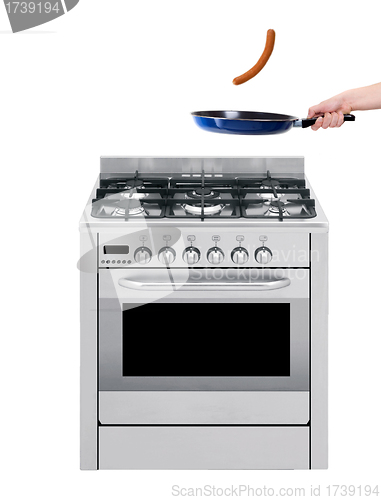 Image of Hand and frying pan with gas-stove