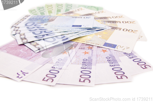 Image of European currency banknotes on white background