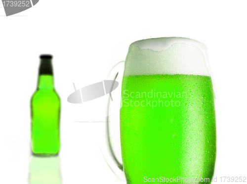 Image of green beer. glass and bottle